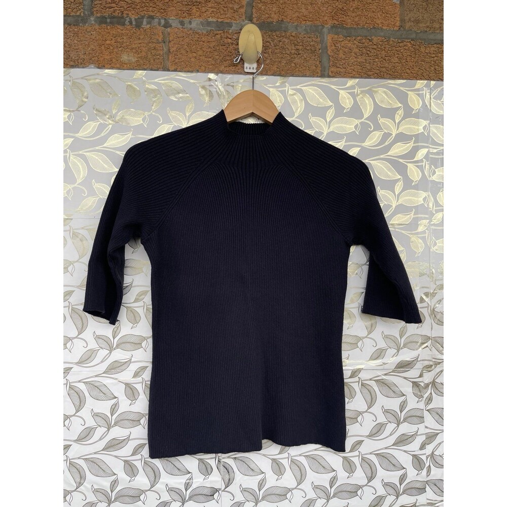 Ann Mashburn Navy Blue Short Sleeve Ribbed Sweater Size M Minimalist Chic